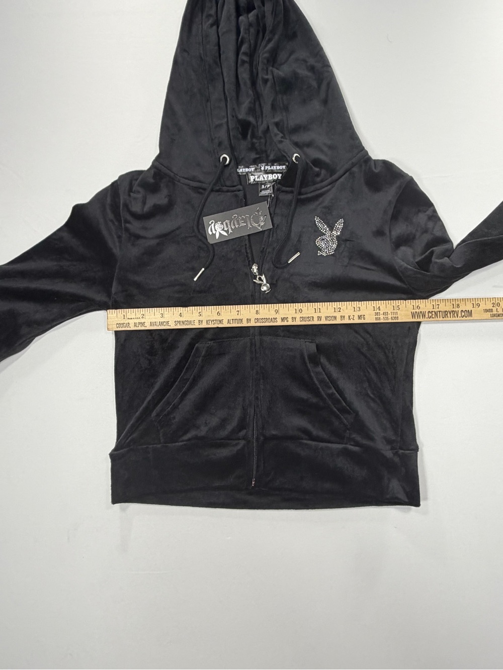 NWT Playboy Velour Hoodie Black Women’s S Rhinestone Y2K Full Zip - Picture 6 of 9